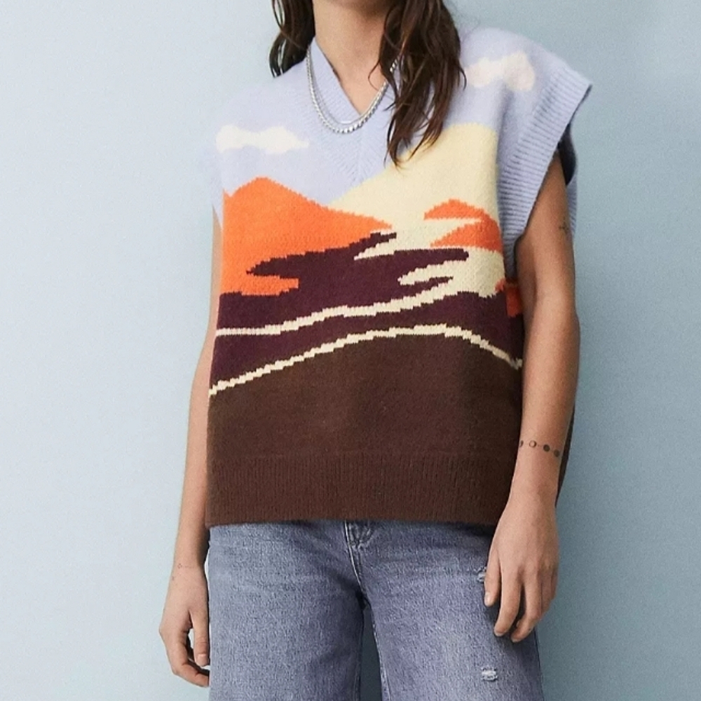 NWOT, Jaded London Sunset Scene Mountain knitted Vest size 8 Oversized